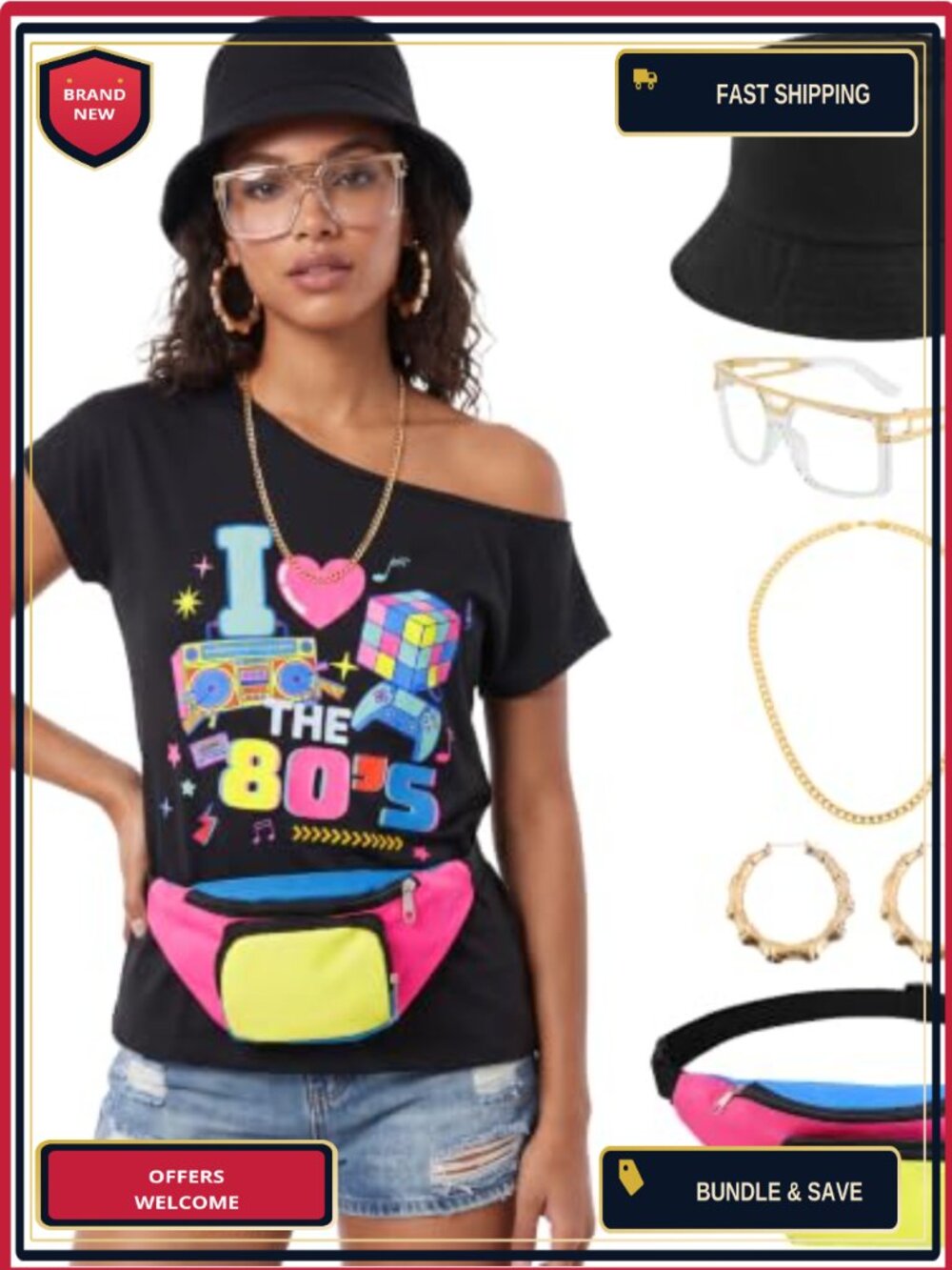 80s 90s Costume Set Retro Disco Halloween Party Polyester Spandex Shirt Hat
